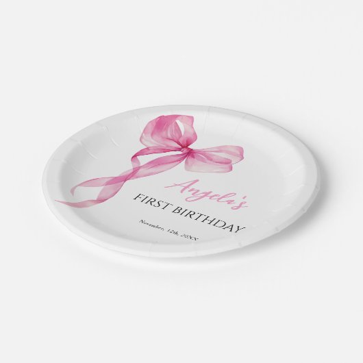 Roze strik meisjes 1e verjaardag papieren bordje (Gekanteld)