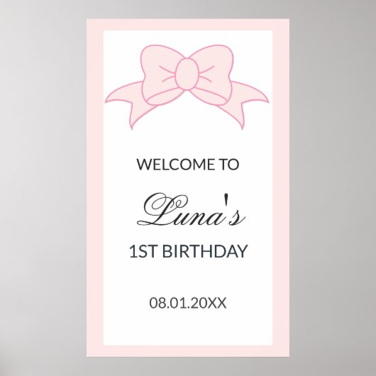 Roze Strik Meisjes 1e Verjaardag Poster (Voorkant)