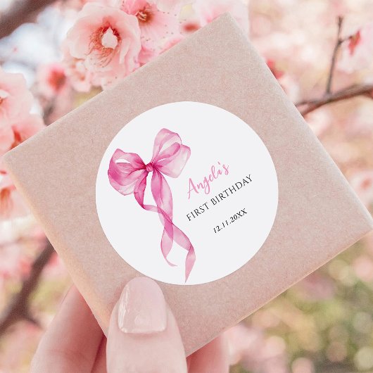 Roze strik meisjes 1e verjaardag ronde sticker