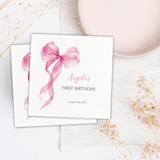 Roze strik meisjes 1e verjaardag servet