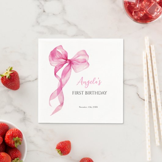 Roze strik meisjes 1e verjaardag servet (Insitu)