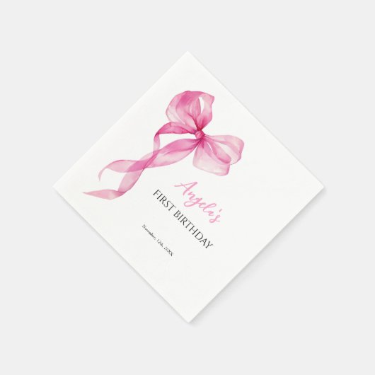 Roze strik meisjes 1e verjaardag servet (Hoek)