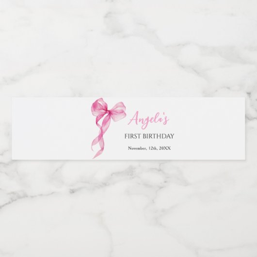 Roze strik meisjes 1e verjaardag waterfles etiket (Enkel label)