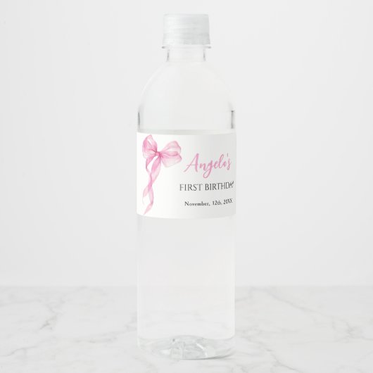 Roze strik meisjes 1e verjaardag waterfles etiket (Voorkant)
