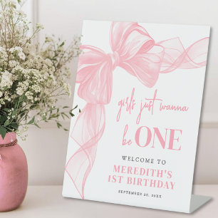 Roze Strik Meisjes 1e Verjaardag Welkom Bord Reclamebord Met Voetstuk