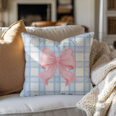 Roze strik met blauwe ruit worp kussen