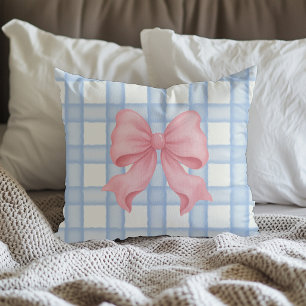 Roze strik met blauwe ruit worp kussen