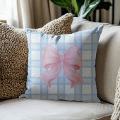 Roze strik met blauwe ruit worp kussen