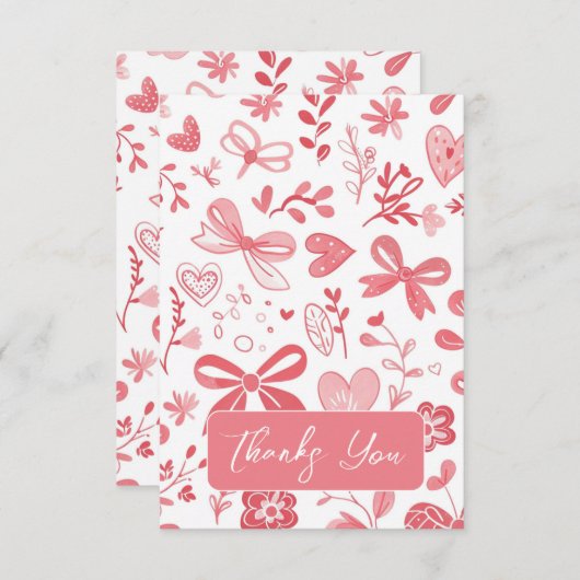 Roze strik met bloem bedankkaart (Voorkant / Achterkant)