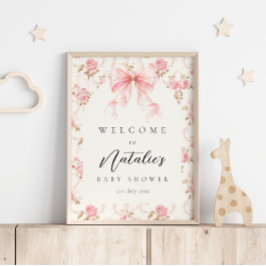 Roze strik met bloemen cottage babyshower welkomst poster