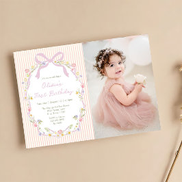 Roze Strik met Bloemen Foto Verjaardagsuitnodiging Kaart
