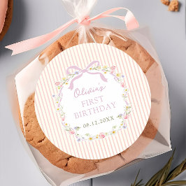 Roze Strik met Bloemen Verjaardagssticker Ronde Sticker