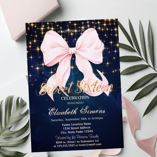 Roze Strik met Glans Navy Blauwe Kaart