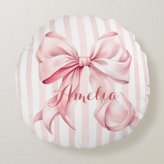 Roze Strik met Lint Personaliseerbaar Rond Kussen (Voorkant)
