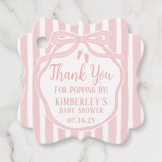 Roze strik met strepen Popcorn Baby shower Bedankjes Labels (Voorkant)