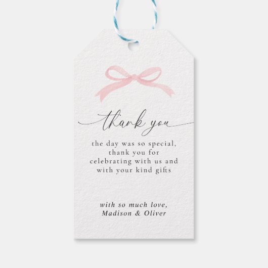 Roze Strik Monogram Bedankt Bericht Bruiloft Cadeaulabel (Achterkant)
