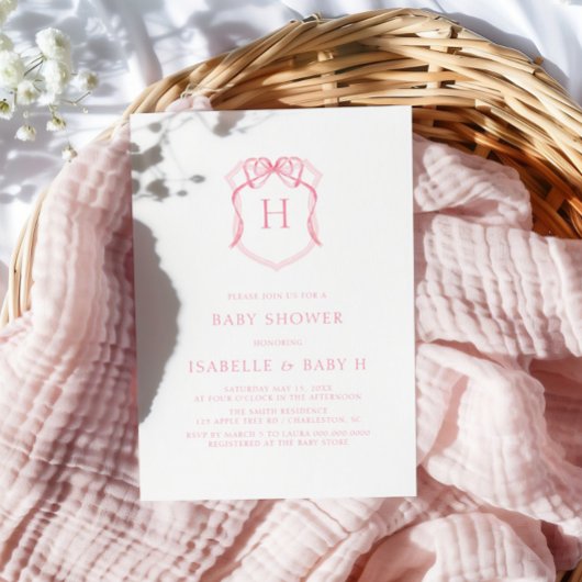 Roze strik monogram borstkam Baby shower Kaart