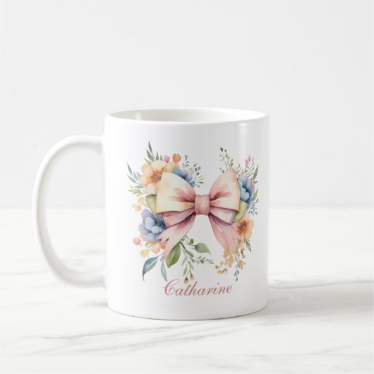 Roze Strik Monogram Coquette Waterverf Bloemen Koffiemok (Links)