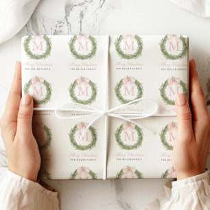 Roze Strik Monogram Krans Kerstmis Cadeaupapier