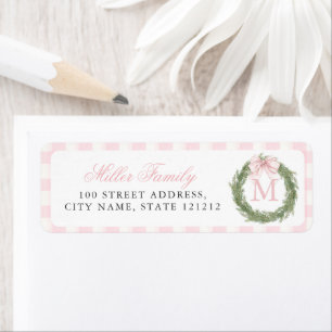 Roze Strik Monogram Krans Kerstmis Etiket