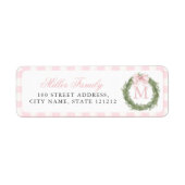 Roze Strik Monogram Krans Kerstmis Etiket (Voorkant)