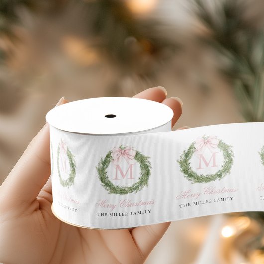 Roze Strik Monogram Krans Kerstmis Grosgrain Lint