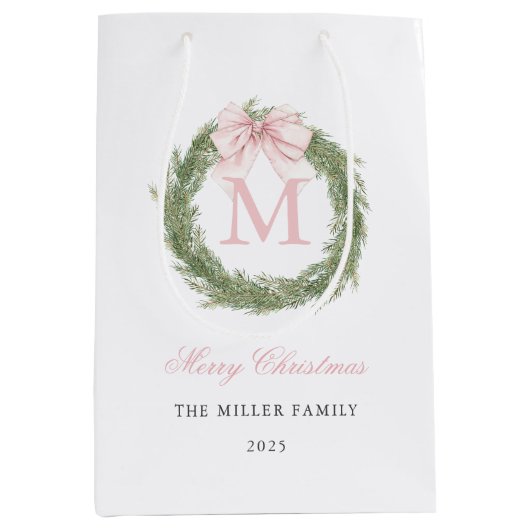 Roze Strik Monogram Krans Kerstmis Medium Cadeauzakje (Voorkant)