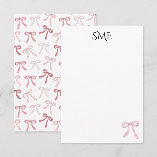 Roze strik monogram Waterverf Bedankkaart (Voorkant / Achterkant)