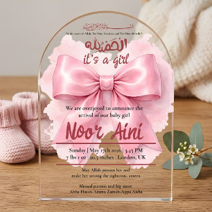 roze strik muslim babymeisje geboorte aankomst acr acryl uitnodigingen