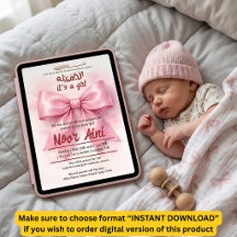 roze strik muslim babymeisje geboorteaankondiging