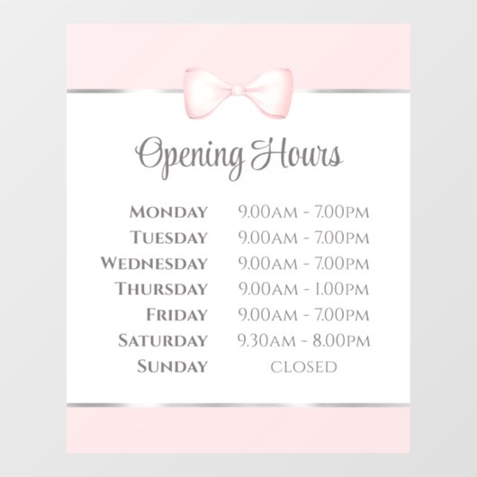Roze strik openingstijden raamsticker (Vel)