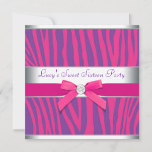 Roze strik Paarse zebra Sweet 16-feestje Kaart