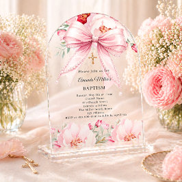 Roze strik parels bloemen meisje heldere Doop boog Acryl Uitnodigingen