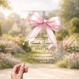 Roze strik parels elegant Sweet 16 luxe helder Acryl Uitnodigingen