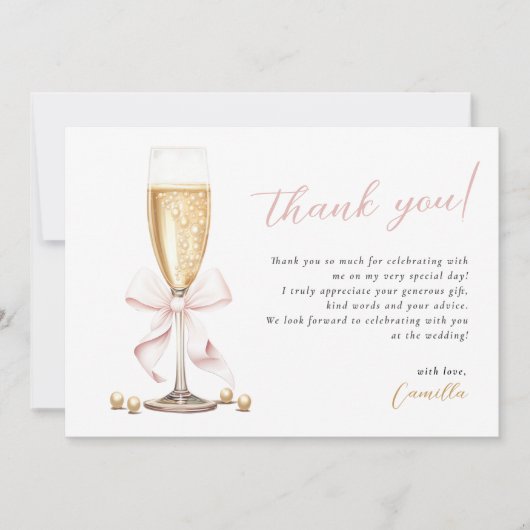 Roze Strik Parels & Prosecco Bruiloftsfeest Bedankkaart (Voorkant)