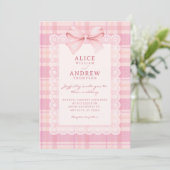 Roze strik plaid bruiloft kaart (Staand voorkant)