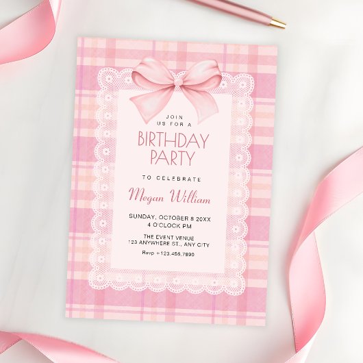 Roze strik plaid verjaardag kaart