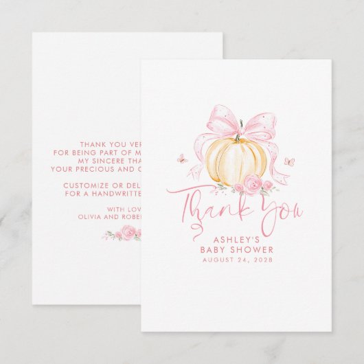 Roze Strik Pompoen Baby Shower Bedankt (Voorkant / Achterkant)