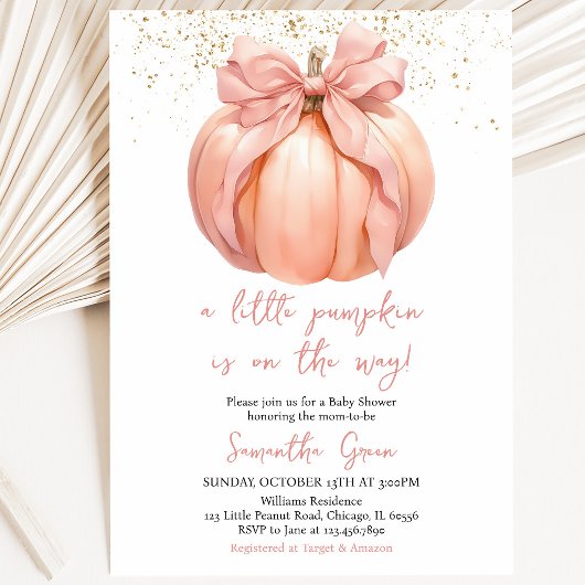 Roze Strik Pompoen Baby Shower Kaart