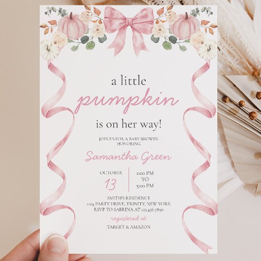 Roze Strik Pompoen Baby Shower Kaart