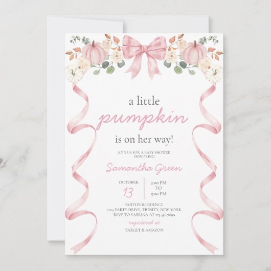 Roze Strik Pompoen Baby Shower Kaart (Voorkant)