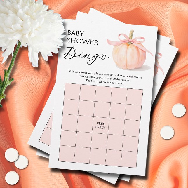Roze Strik Pompoen Meisje Baby Shower Bingo Spel (Pink ribbon and bow pumpkin girl baby shower bingo game cards)