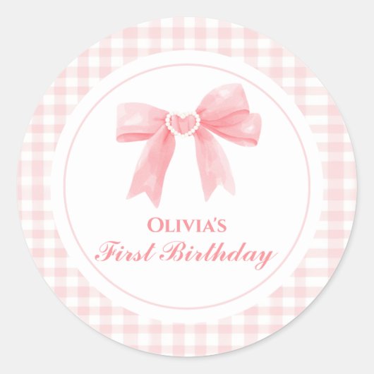 Roze strik preppy Coquette 1e verjaardag Ronde Sticker (Voorkant)