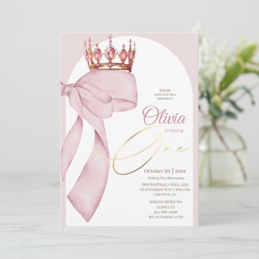 Roze Strik Prinses 1e Verjaardag Kaart (Staand voorkant)