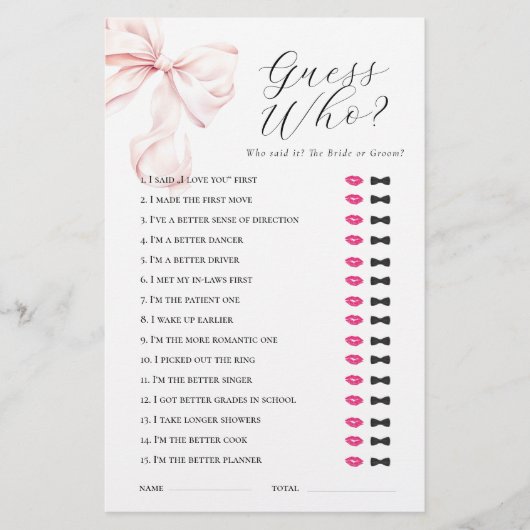 Roze Strik Raad Wie Bruidsfeest Spel Briefpapier (Voorkant)