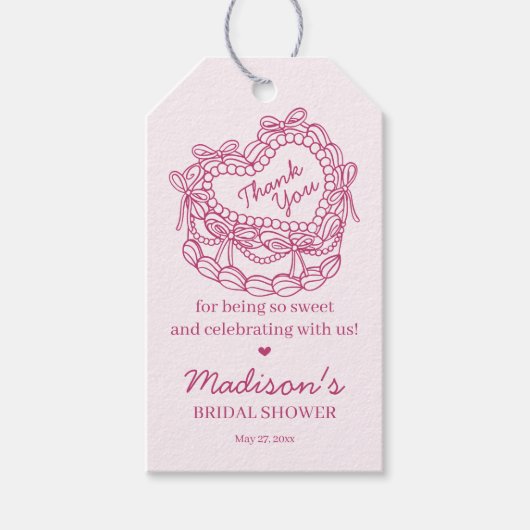 Roze Strik Retro Hart Coquette Cake Bruidsdouche Cadeaulabel (Voorkant)