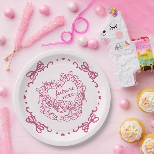 Roze Strik Retro Hart Coquette Cake Bruidsdouche Papieren Bordje (Feest)