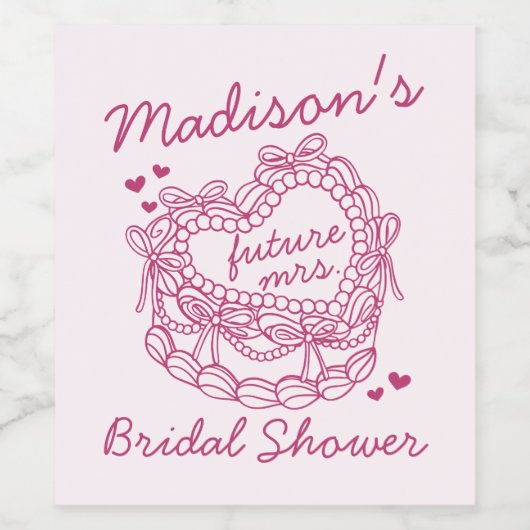 Roze Strik Retro Hart Coquette Cake Bruidsdouche Wijn Etiket (Enkel label)