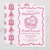 Roze Strik Retro Hart Coquette Taart Bruids Brunch Kaart (Voorkant / Achterkant)