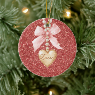 Roze Strik Rode Glitter Liefde Hart Ketting Kerstm Keramisch Ornament